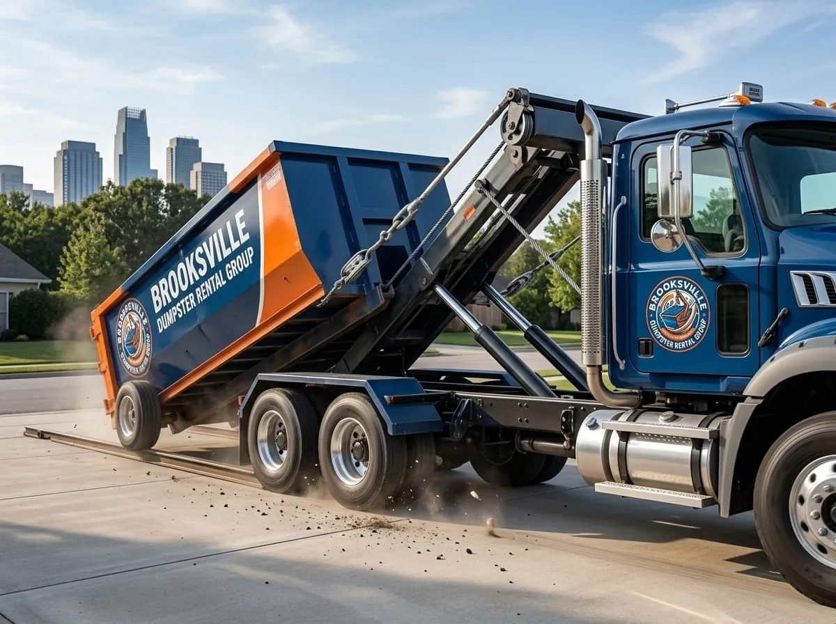 Brooksville Dumpster Rental Group team member beside a roll-off dumpster in Brooksville, FL